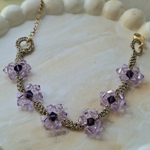 Bratara crosetata mov Swarovski - flori lila cu centru ametist - Artynos.ro