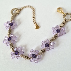 Bratara eleganta lila cu cristale Swarovski -model floare mov deschis cu centru ametist, fir aurit - bijuterii - brățări - brățări din mărgele - Artynos.ro