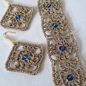 Set bratara si cercei elegant model patrat mare dantelat cu cristal Swarowski safir albastru - bijuterii - seturi de bijuterii - Artynos.ro
