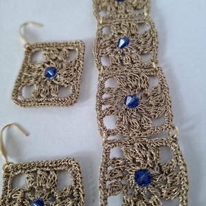 Set bratara si cercei elegant model patrat mare dantelat cu cristal Swarowski safir albastru - bijuterii - seturi de bijuterii - Artynos.ro