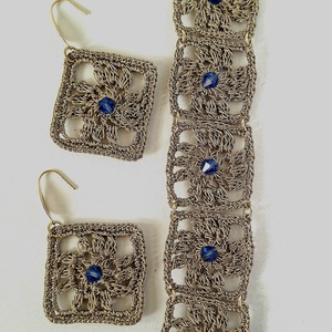 Set bratara si cercei elegant model patrat mare dantelat cu cristal Swarowski safir albastru - bijuterii - seturi de bijuterii - Artynos.ro