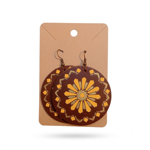 Cercei Statement din Piele Naturala, Model Mandala / Floare Galbena, 5 cm, Bijuterii, Cercei, Cercei lungi, Pielarie, Cusatura, ARTYNOS