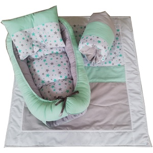 Set Baby Nest Si Pernuta pentru alaptat, Stele Gri-Menta, 4 Piese, Casă & Stil de viață, Echipament pentru camera copiilor, Cuib pentru copii, , ARTYNOS