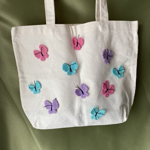 Sacosa (tote bag) cu fluturasi crosetati, Geantă și husă, Geantă pentru cumpărături, Geantă shopper, geantă tote, geantă textilă, Croșetat, Cusătură, ARTYNOS