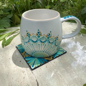 Set cana pictata manual + coaster - casă & stil de viață - echipamente de bucătărie - accesorii de depozitare  - cutie ceai și cafea - Artynos.ro