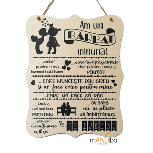 Tablita - Am un barbat minunat, Casă & Stil de viață, Accesorii pentru decorat casa, Decorațiuni de pereți, decorațiuni suspendate, Decorațiuni suspendate, Gravare, pirogravură, Prelucrarea lemnului, ARTYNOS