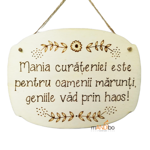 Tablita pirogravata - mania curateniei, Casă & Stil de viață, Accesorii pentru decorat casa, Decorațiuni de pereți, decorațiuni suspendate, Decorațiuni suspendate, Gravare, pirogravură, Prelucrarea lemnului, ARTYNOS