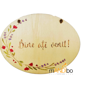 Tablita pirogravata - bine ati venit, Casa & Stil de viata, Accesorii pentru decorat casa, Decoratiuni de pereti, decoratiuni suspendate, Decoratiuni suspendate, Gravare, pirogravura, Prelucrarea lemnului, ARTYNOS