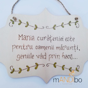 Tablita pirogravata - mania curateniei, Casa & Stil de viata, Accesorii pentru decorat casa, Decoratiuni de geam si decoratiuni de usa , Ornamente de usa , Gravare, pirogravura, Prelucrarea lemnului, ARTYNOS