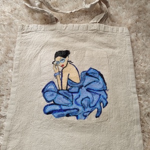 Sacosa femeie in albastru , Geanta si husa, Geanta pentru cumparaturi, Geanta shopper, geanta tote, geanta textila, Pictura, ARTYNOS