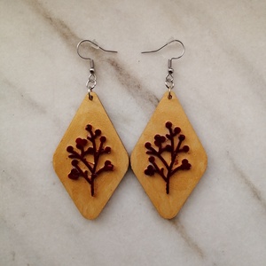 Cercei lemn romb cu crenguta , Bijuterii, Cercei, Cercei din lemn, Pictura, ARTYNOS