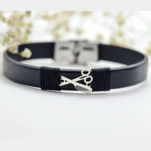 Bratara din piele naturala simbol Hairstylist � Argint 925 - bijuterii - brățări - brățări din argint - Artynos.ro