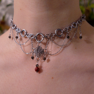 Colier Chainmail cu Cinabru și Obsidian argintiu - Artynos.ro
