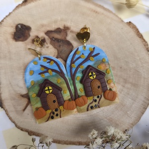 Cercei peisaj toamna cu casa , Bijuterii, Cercei, Cercei Hoops, Confectionarea bijuteriilor, ARTYNOS