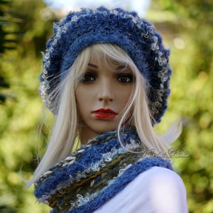 BLUE MAGIC - set exclusiv tricotat manual de palarie de iarna foarte groasa si sampon, Imbracaminte si moda, Esarfe, palarii, fularuri, Set esarfe palarie, Crosetat, Impletitura, ARTYNOS