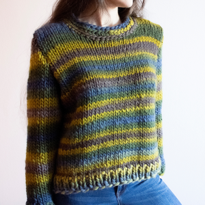 M - Pulover tricotat manual din lana virgina merinos, fir multicolor kaki si albastru - Artynos.ro