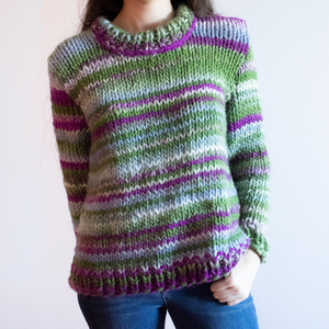 M - Pulover tricotat manual din lana virgina merinos, fir multicolor verde si mov - Artynos.ro