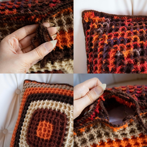 Fata de perna crosetata cu doua fete de 40x40cm.Una dintre fete este din fir acrilic multicolor, iar cealalta in dungi. - casă & stil de viață - textile de casă - perne - Artynos.ro