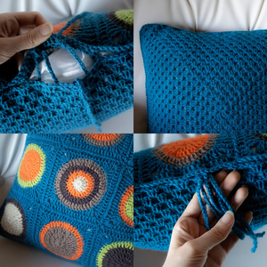Fata de perna crosetata cu doua fete de 40x40cm.Una dintre fete este din granny squares, iar cealalta monocroma. - casă & stil de viață - textile de casă - perne - Artynos.ro