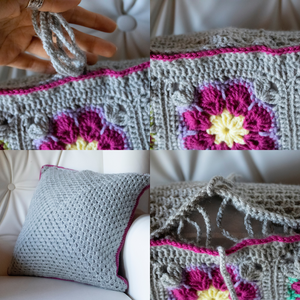 Fata de perna crosetata cu doua fete de 40x40cm.Una dintre fete este din granny squares, iar cealalta monocroma. - casă & stil de viață - textile de casă - perne - Artynos.ro