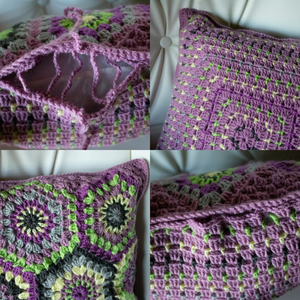 Fata de perna crosetata cu doua fete de 40x40cm.Una dintre fete este din granny squares hexagon, iar cealalta simpla. - casă & stil de viață - textile de casă - perne de scaun, huse - Artynos.ro