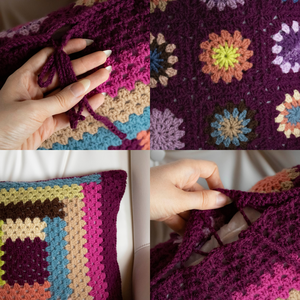 Fata de perna crosetata cu doua fete de 40x40cm.Una dintre fete este din granny squares florale, cealalta in dungi - casă & stil de viață - textile de casă - perne - Artynos.ro