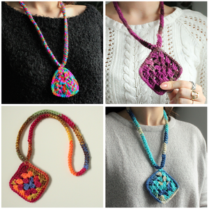 Colier crosetati din fir acrilic multicolor. Coliere facute din granny squares (patratul bunicii) - Artynos.ro