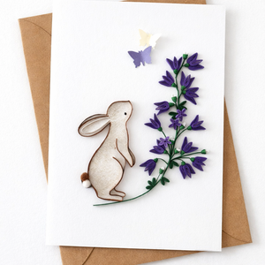 Felicitare de Paște cu iepuraș și flori mov quilling - casă & stil de viață - produse de papetărie - invitații, felicitări - Artynos.ro
