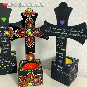 Candela  cruce personalizabila, pictata manual in tehnica mandala dots - casă & stil de viață - accesorii religioase - cruce - Artynos.ro