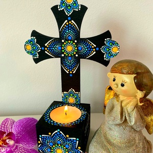 Candela  cruce personalizabila, pictata manual in tehnica mandala dots, Casa & Stil de viata, Accesorii religioase, Cruce, Obiecte pictate, Pictura, ARTYNOS