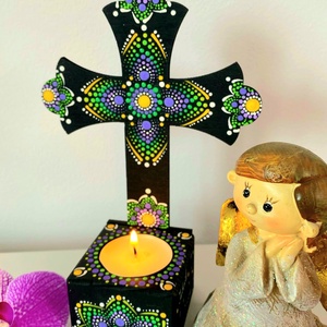 Candela  cruce personalizabila, pictata manual in tehnica mandala dots, Casa & Stil de viata, Accesorii religioase, Cruce, Obiecte pictate, Pictura, ARTYNOS
