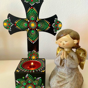 Candela  cruce personalizabila, pictata manual in tehnica mandala dots - casă & stil de viață - accesorii religioase - cruce - Artynos.ro