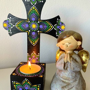 Candela  cruce personalizabila, pictata manual in tehnica mandala dots, Casa & Stil de viata, Accesorii religioase, Cruce, Obiecte pictate, Pictura, ARTYNOS