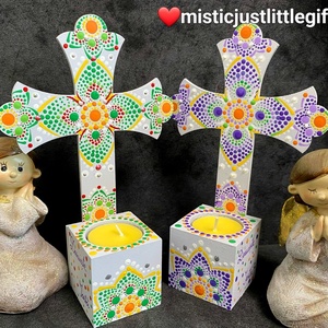 Candela  cruce personalizabila, pictata manual in tehnica mandala dots - casă & stil de viață - accesorii religioase - cruce - Artynos.ro