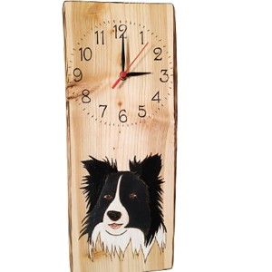 Ceas de perete din pin roșu cu câine border collie -  - Artynos.ro