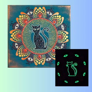 "Ochi de pisica" - mandala cu buline fosforescente pentru pisicute, , , Mandala unica punctata cu vopsea acrilica pe panza intinsa.

Dimensiune: 20x20 cm

Un decor indispe..., ARTYNOS