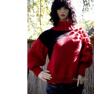 BORKA pulover extravagant, gros, tricotat manual din merinos / rosu-negru, Imbracaminte si moda, Haine dama, Hanorace, cardigane, Impletitura, ARTYNOS