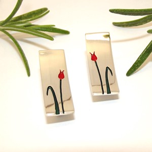 Red Tulip Rectangle Stud Earrings Pereche de cercei de argint pentru femei (ETK.01), , , ARTYNOS