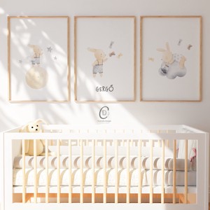 Imagine personalizata pentru camera copiilor, decoratiuni pentru camera bebelusului, set de imagini de perete cu iepurasi 3 piese, , , ARTYNOS