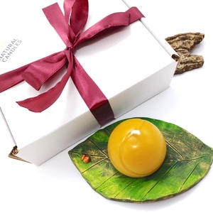 Lumanari din ceara naturala de albine, in forma de minge de tenis cu suport ceramic frunza de ficus, Casă & Stil de viață, Lumânări, parfumuri, arome, Lumânare - lumânări artizanale, Ceramică, Lumânare și fabricarea lumânărilor, ARTYNOS