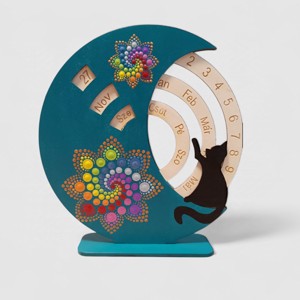 Calendar perpetuu Mandala cu pisica, , , Calendar perpetuu din lemn pictat manual, pe care puteti seta luna, ziua si ziua saptamanii. Materi..., ARTYNOS