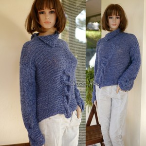 FRANCESCA ALPAKA - pulover cu design exclusiv tricotat manual / Farmer blue, Imbracaminte si moda, Haine dama, Hanorace, cardigane, Impletitura, ARTYNOS