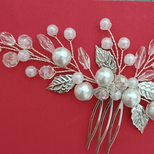 Pieptan par mireasa, alb sidefat cu argintiu - accesorii nuntă - ornamente de păr de nuntă - accesorii păr nuntă - Artynos.ro