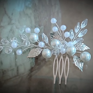 Pieptan par mireasa, alb sidefat cu argintiu - accesorii nuntă - ornamente de păr de nuntă - accesorii păr nuntă - Artynos.ro