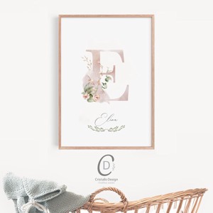 Litera E, monogramă, imagine onomastică, decor, acuarelă artă de perete, personalizată -  - Artynos.ro