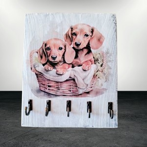 Breloc de perete din lemn in stil vintage cu catelusi dachshund, , , ARTYNOS