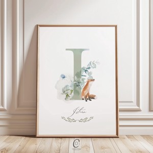 litera I, monograma, imagine onomastica, decor, acuarela arta de perete, personalizat, vulpe, , , ARTYNOS