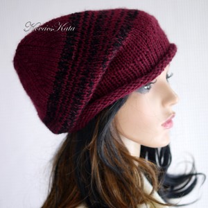 BEANIE LUX / camel - sapca trendy tricotata manual camel-merino-kidmohair / burgundy+black, Imbracaminte si moda, Esarfe, palarii, fularuri, Caciula, Impletitura, ARTYNOS