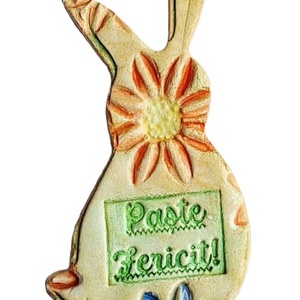 Iepurași înflorați Paște Fericit din lut, cu magnet, model 1 - decor de sărbători - decorațiuni de paște - iepuraș de paște - Artynos.ro