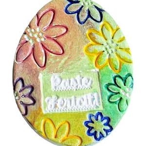 Ou decorativ Paste Fericit din lut, cu magnet, model floral vibrant - Artynos.ro